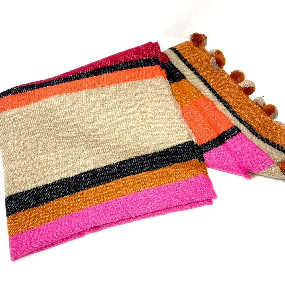 Nordstrom Women's Soft Plush Blanket Scarf Pompoms Pink Orange Black Tan Stripe